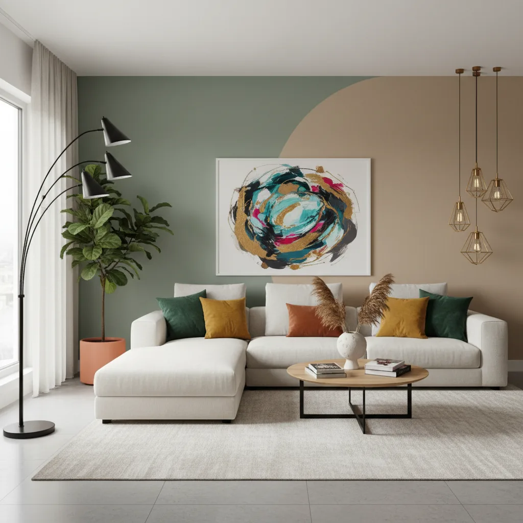 Pièce à vivre harmonieuse avec peinture murale et touches déco